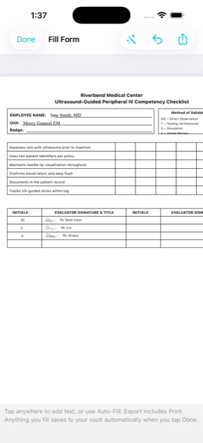 Hospital competency form auto-filled with evaluator signatures